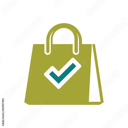 "Shopping Bag Confirm Icon – Green Bag with Bold Checkmark Overlay – Symbol of Successful Purchase, Order Confirmation, or Completed Transaction – Ideal for E-Commerce Dashboards, Retail Apps, UI Kits