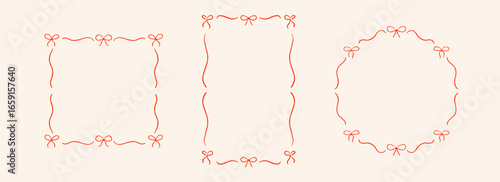 Red hand drawn bow frame set. Thin ribbon border collection. Circle, rectangle and square doodled box bundle for invitation template, poster, banner. Coquette sketch cadre pack. Vector