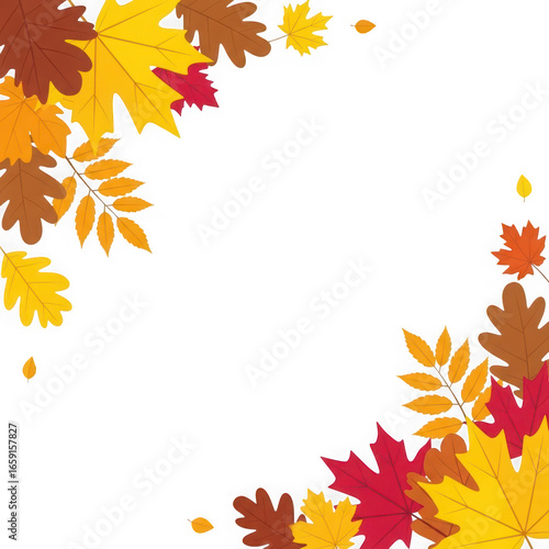 Scattered autumn leaves in red, yellow, and brown forming a corner border fall foliage isolated on a transparent background