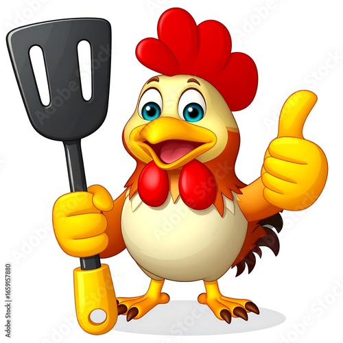 Cartoon chicken holding a spatula and giving a thumbs up