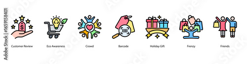 Customer Insight and Review web banner icon vector illustration featuring Customer Review, Eco Awareness, Crowd, Barcode, Holiday Gift, Frenzy, and Friends.