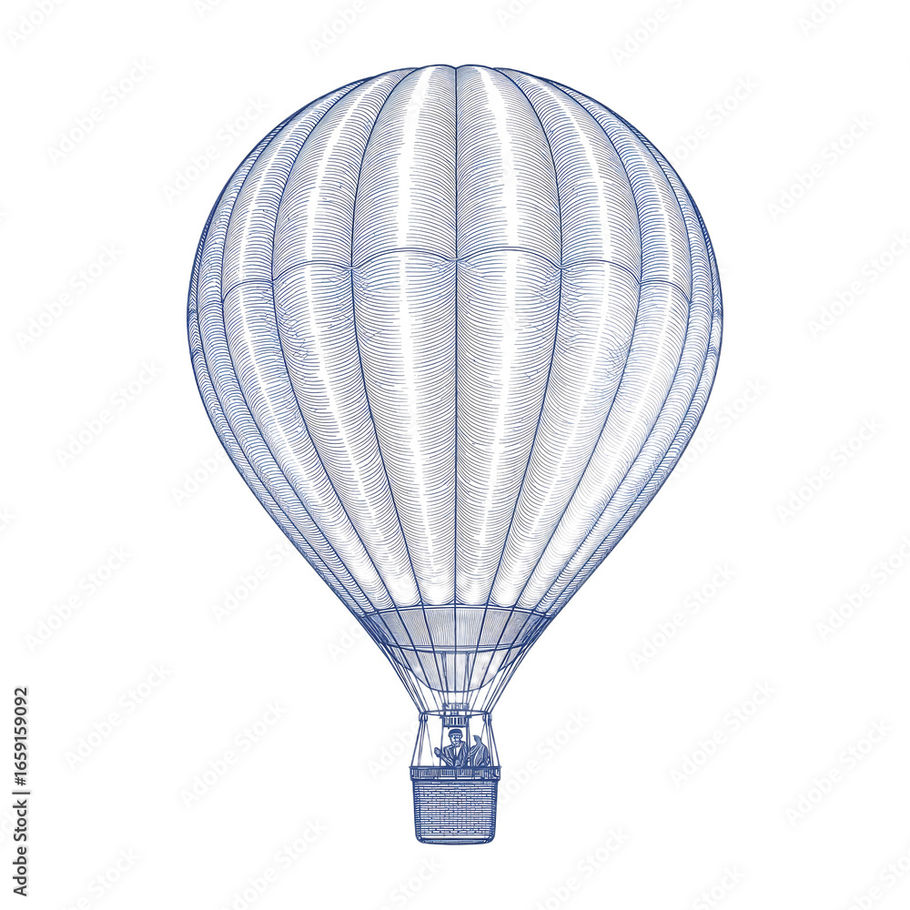 Naklejka premium Detailed blue line drawing of a hot air balloon, showing its structure and basket.