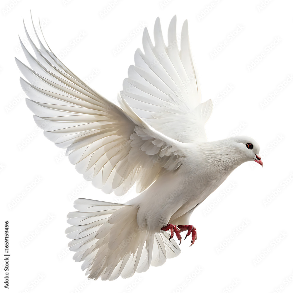 Obraz premium A beautiful white dove in flight with wings spread wide against a white background