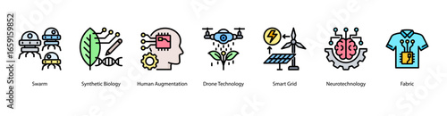 Synthetic Life and Bioengineering web banner icon vector illustration featuring Swarm, Synthetic Biology, Human Augmentation, Drone Technology, Smart Grid, Neurotechnology, and Fabric.