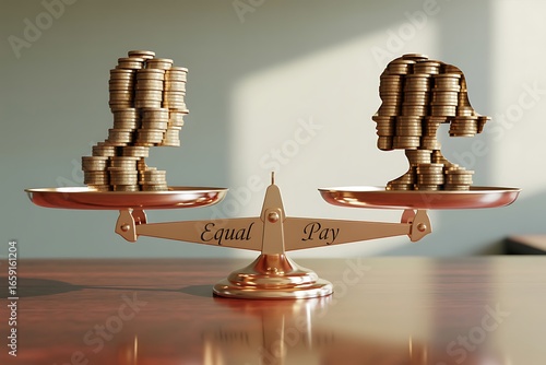 Golden scales balancing stacks of coins shaped like human heads, symbolizing equal pay and financial fairness