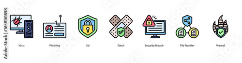 Malware and Intrusion Alert web banner icon vector illustration featuring Virus, Phishing, SSL, Patch, Security Breach, File Transfer, and Firewall.