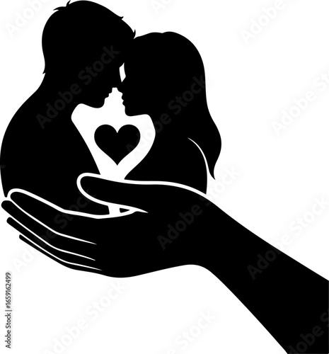 A minimalist black silhouette of a couple standing closely together on an outstretched hand against a solid white background