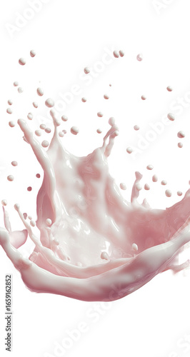 A vibrant, light pink splash of liquid, likely milk or yogurt, erupts in a dynamic, three-dimensional form against a black background.  Small, light-pink droplets are scattered around the splash