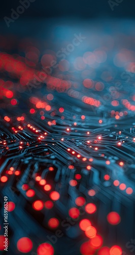 Illuminated circuit board with red glowing nodes