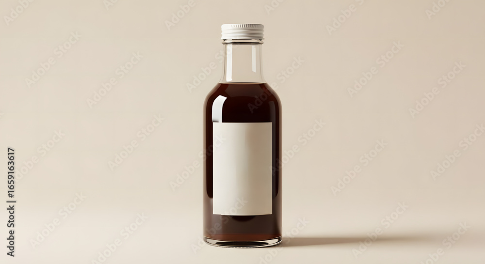 Clear glass bottle filled with dark liquid, featuring a blank label, against a neutral background. Clear glass bottle filled with dark liquid, featuring a blank label, against a neutral background.