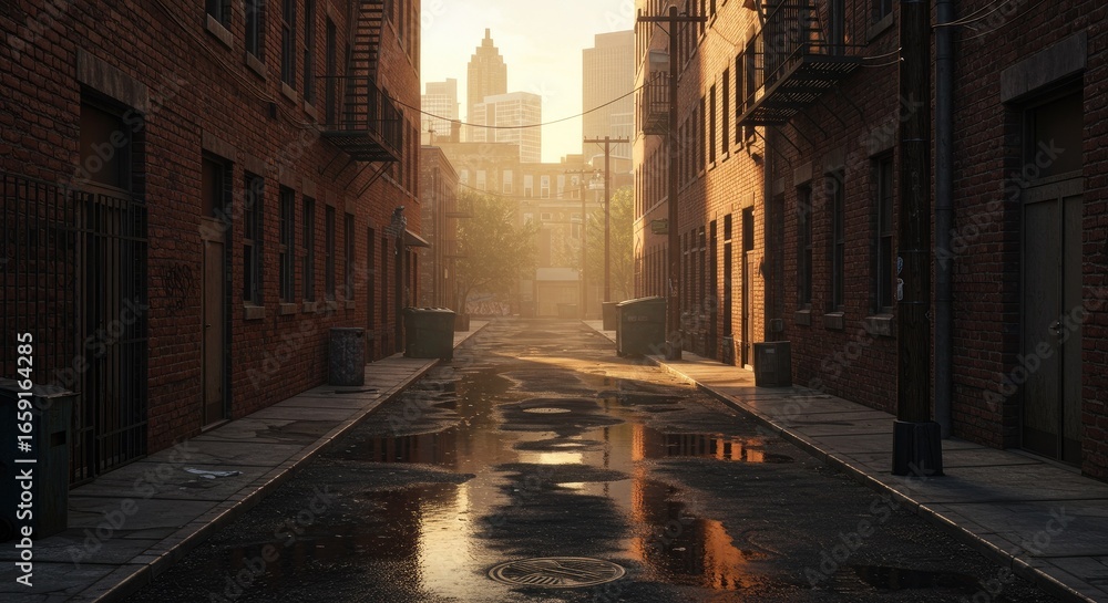 Fototapeta premium An empty West Virginia alley at sunset, clear skies, brick buildings on both sides, with a trash can at one end, viewed from eye level. 