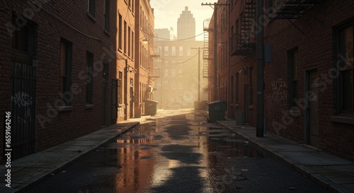 An empty West Virginia alley at sunset, clear skies, brick buildings on both sides, with a trash can at one end, viewed from eye level.
