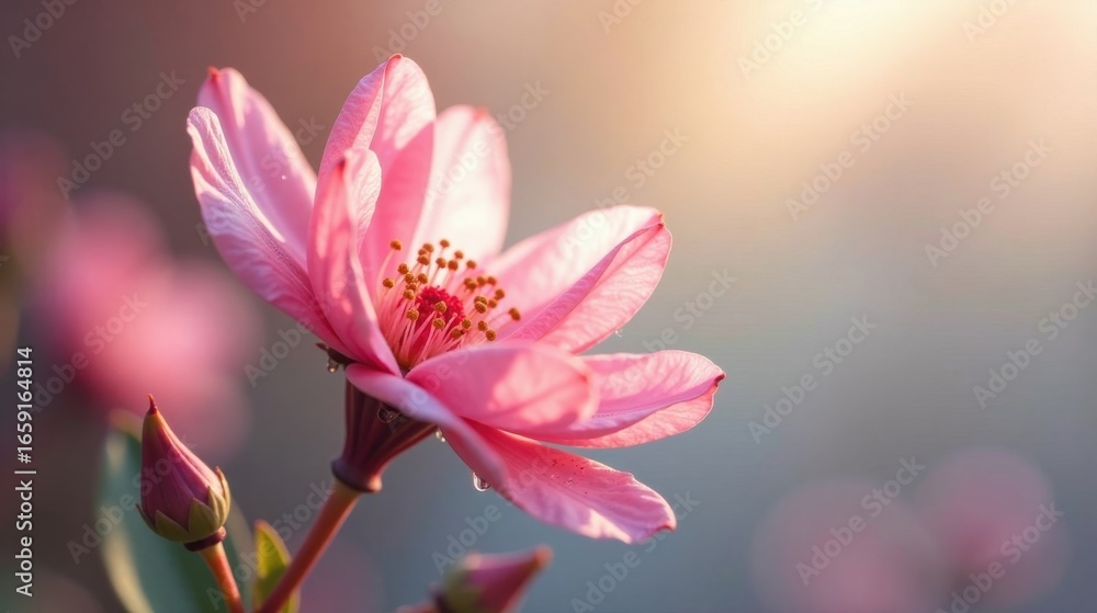 Fototapeta premium A delicate pink blossom bathed in the soft glow of the setting sun, showcasing its intricate details and vibrant hue, a symbol of springtime's gentle arrival.