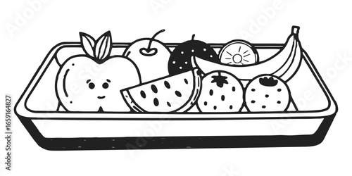 Illustration of a tray filled with various fruits including an apple, banana, and watermelon slice