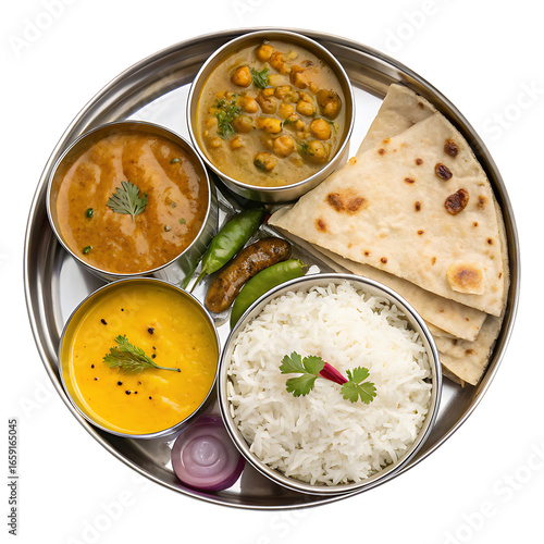 Overhead view of a traditional indian thali with rice, curries, roti, and vegetables isolated on transparent background