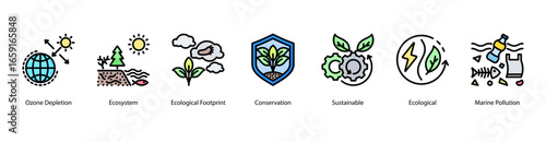 Eco Sustainability web banner icon vector illustration featuring Ozone Depletion, Ecosystem, Ecological Footprint, Conservation, Sustainable, Ecological, and Marine Pollution.