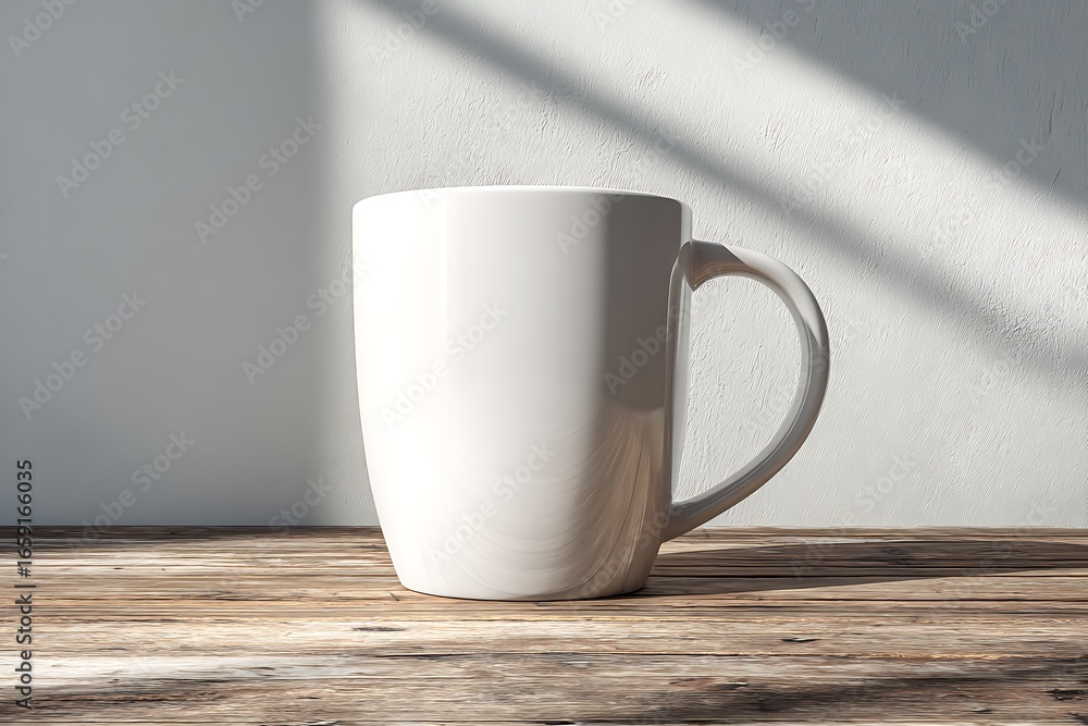 Clean white ceramic mug sits on rustic wooden table bathed in warm sunlight and soft shadows, perfect for branding. Clean white ceramic mug sits on rustic wooden table bathed in warm sunlight and soft shadows, perfect for branding.