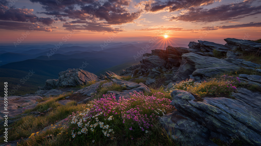 Fototapeta premium 雲海と夕焼けに包まれた高山稜線の穏やかな静景