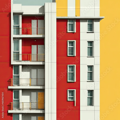 Red and yellow apartment building with balconies and contrasting white sections