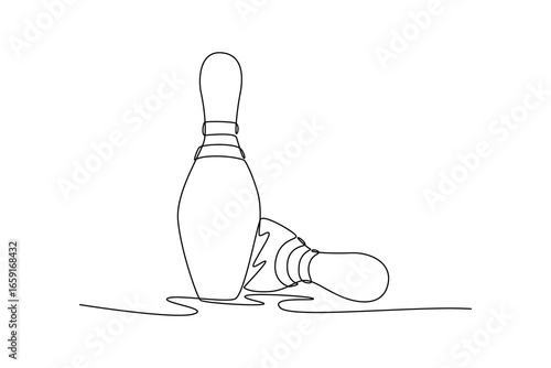 Single continuous line drawing two bowling pins, one standing and one fallen. Healthy sport theme, focusing on the dynamic outcome of the game. Dynamic one line draw graphic design vector illustration