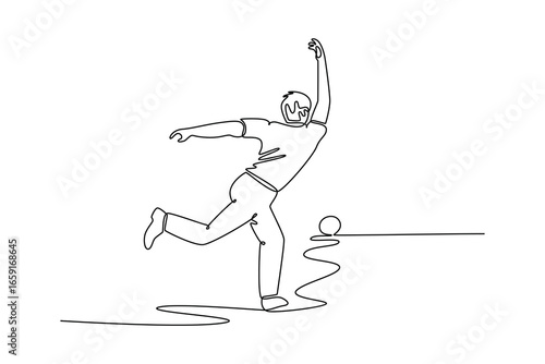 Single one line drawing back view man bowler in follow-through pose after releasing ball. Symbolize fluid motion and athletic grace of bowling. Continuous line draw design graphic vector illustration