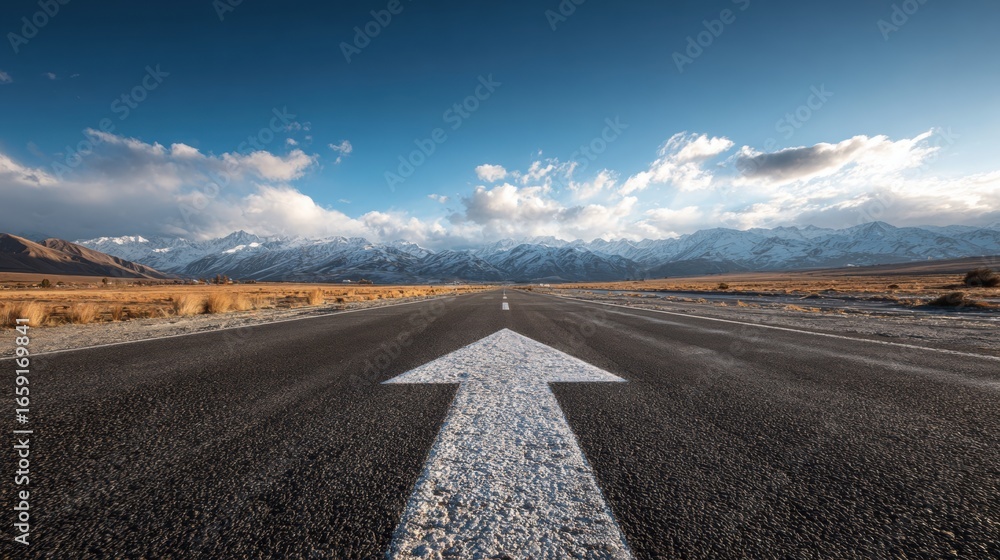 Fototapeta premium The Road to Future: An empty asphalt road, marked with a prominent white arrow, stretches forward towards snow-capped mountains under a vast and vibrant blue sky with scattered clouds.