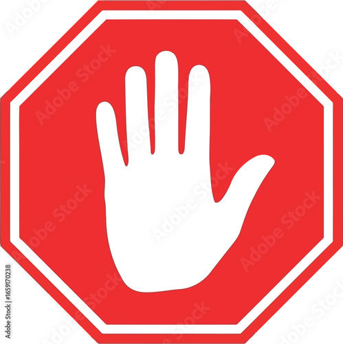 Vector vector art of red stop sign with a white hand symbol indicating prohibition and warning transparent background