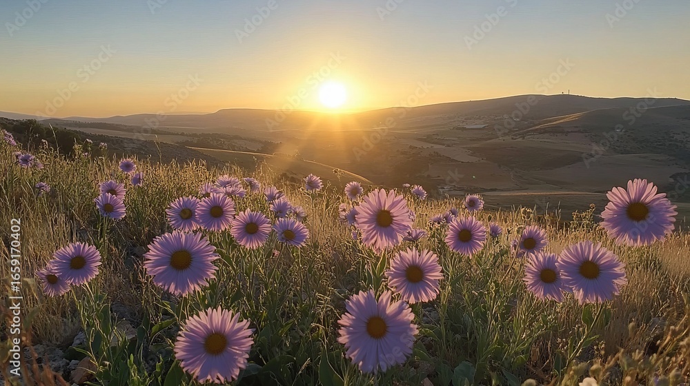Obraz premium Purple wildflowers in a golden sunset landscape