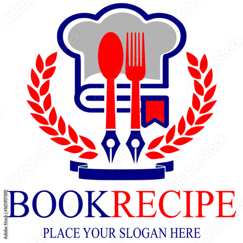 Chef book or food recipe vector logo template. This logo with spoon, fork people use chef hat.