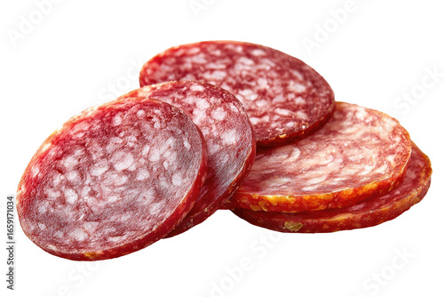 Close-up of sliced salami, showcasing its texture and color