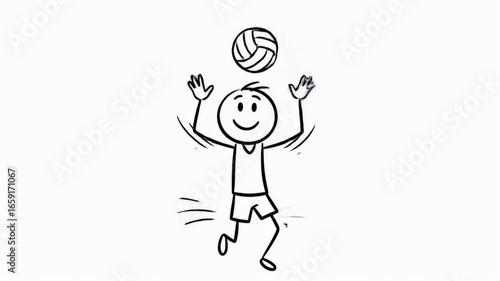 Animated Stick Figure Playing Volleyball on White Background Black and White Cartoon Style Stickman Hitting Ball in Simple Loop Design Perfect for Sport and Recreation Graphics