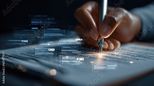 Ink on Paper: A close-up of a hand skillfully inking onto a blank contract, merging with glowing digital abstract element to embody the seamless integration of technology.