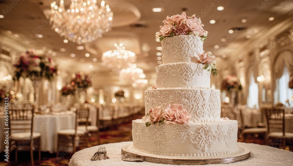 Fototapeta premium Elegant four-tiered wedding cake with lace detailing and blush pink roses, displayed in a grand ballroom setting (1)