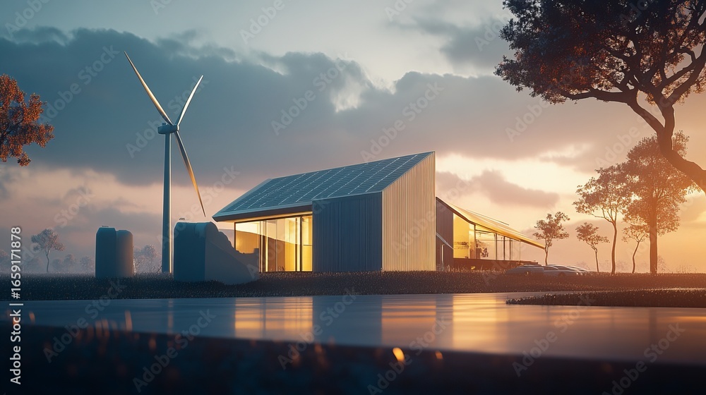 Fototapeta premium Modern sustainable home with wind turbine and solar panels at sunset