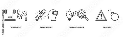 SWOT banner web icon vector illustration concept for strengths, weaknesses, threats and opportunities analysis with an icon of value, goal, break chain, low battery, growth, check, minus, and crisis