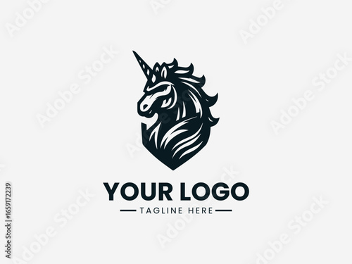 Powerful Uniqcor horse in dynamic fighter pose with armored elements vector logo
