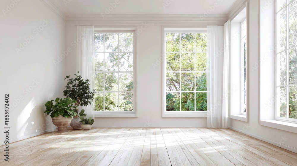 Fototapeta premium Light-Filled Interior: A spacious, bright interior with large windows, showcasing an open, welcoming atmosphere. The sun illuminates the space with a warm and airy ambiance. 