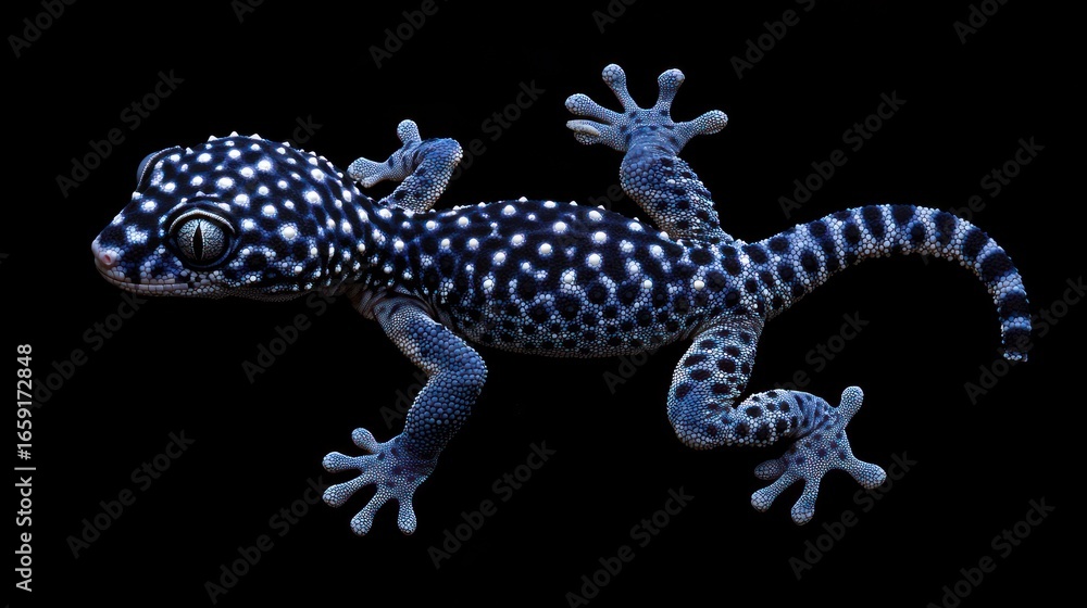 Naklejka premium Leopard Gecko, spots are miniature, perfectly formed black pearls, surreal organic gem texture, soft focus lighting, isolated.