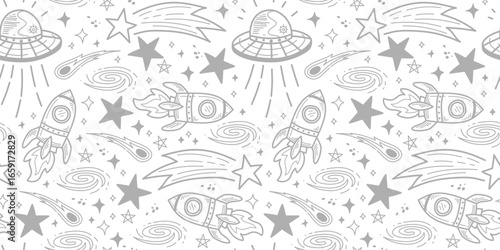 Space background. doodle space pattern background. Seamless pattern with space rockets, planets, stars. space element seamless pattern background.