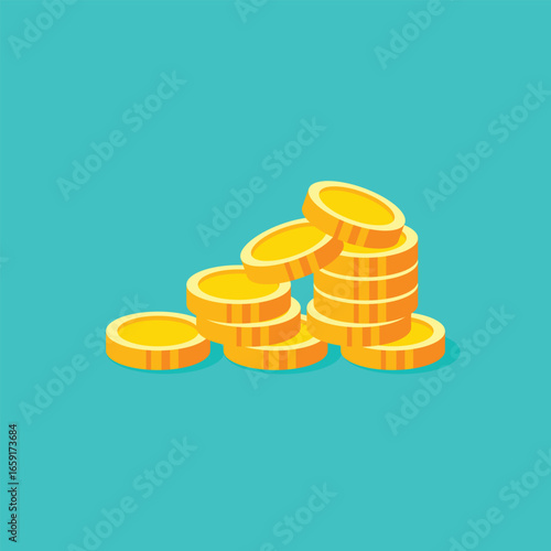 A simple vector illustration of a stack of shiny gold coins on a teal background. The minimalist, flat design is perfect for finance, wealth, and success concepts. Easy to use for websites, apps