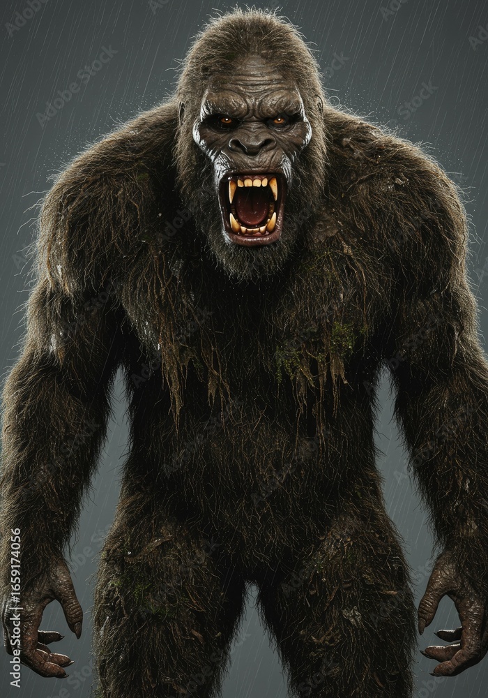 Fototapeta premium A realistic full-body image of an enraged Bigfoot in the rain, glowing eyes, bared teeth, tongue out, on a gray background. 