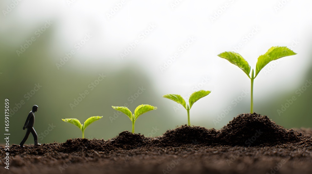Fototapeta premium Investment and growth concept with a businessman figure and green sprouts in soil, illustrating the steps to financial success and corporate development