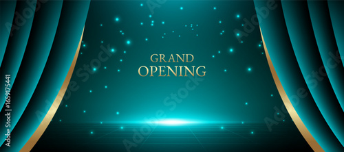 Grand opening stage background vector with teal and gold curved curtain and glowing lights. Perfect for show, theater display, movie premiere, concert banner, and celebration event