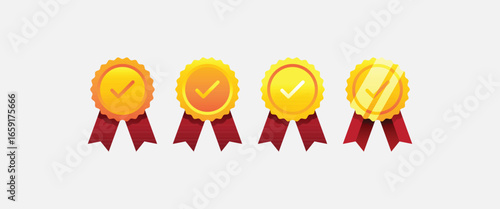 A clean vector illustration of a set of four approved or medal icons. This flat design with gold badges and red ribbons is great for concepts of quality, excellence, and achievement. Ideal for website
