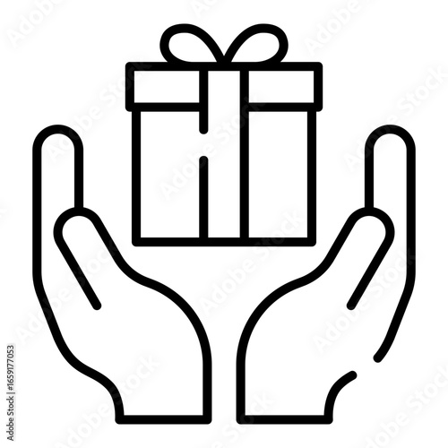 Hand holding gift box with ribbon black line icon