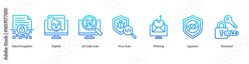 Data Fortress web banner icon vector illustration featuring Data Encryption, Exploit, QR Code Scan, Virus Scan, Phishing, Spyware, and Password.