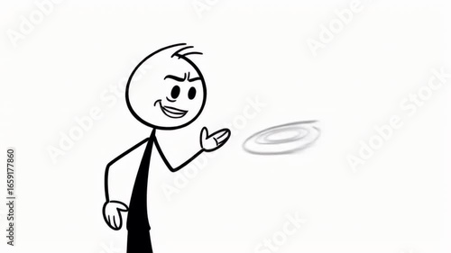Animated Stick Figure Throwing Frisbee On Plain White Background Depicting A Simple Recreation Activity And Sportsmanship With Black Line Drawing Cartoon Style Stickman Animation
