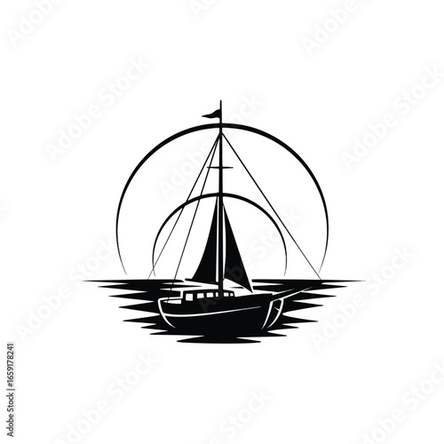 A black and white silhouette logo of a sailboat on the water with a circular sun or moon behind it.