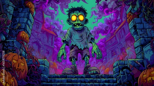 A cartoon zombie standing on stone steps with pumpkins and buildings in a spooky purple atmosphere halloween art