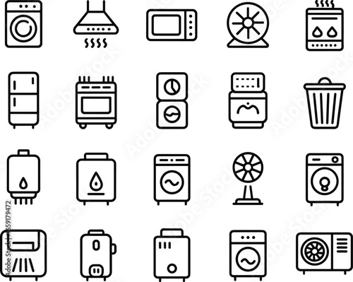 Home appliance icons set, kitchen and laundry appliances, washing machine, refrigerator, oven, heater, fan, microwave, modern household essentials